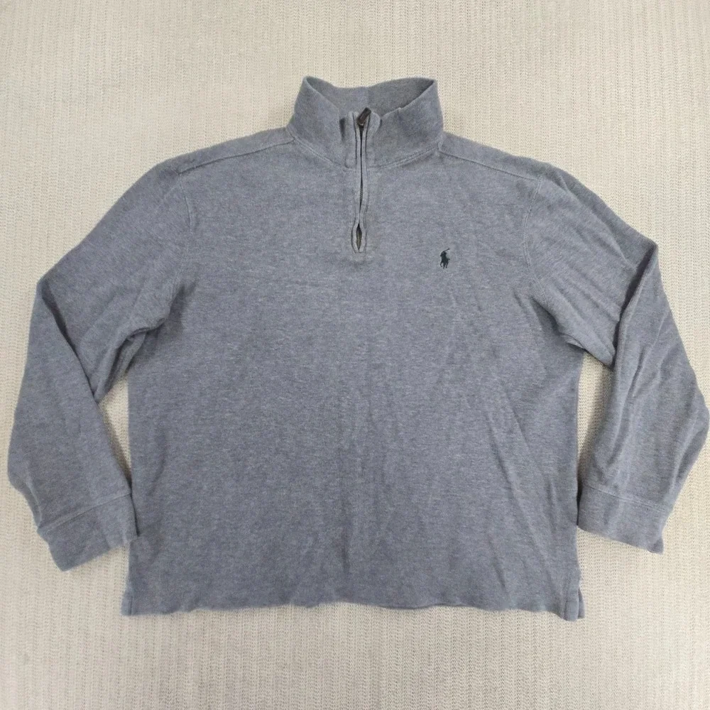 Polo Ralph Lauren Sweater Men Large Gray 1/4 Zip Mock Neck Blue Pony Sweatshirt